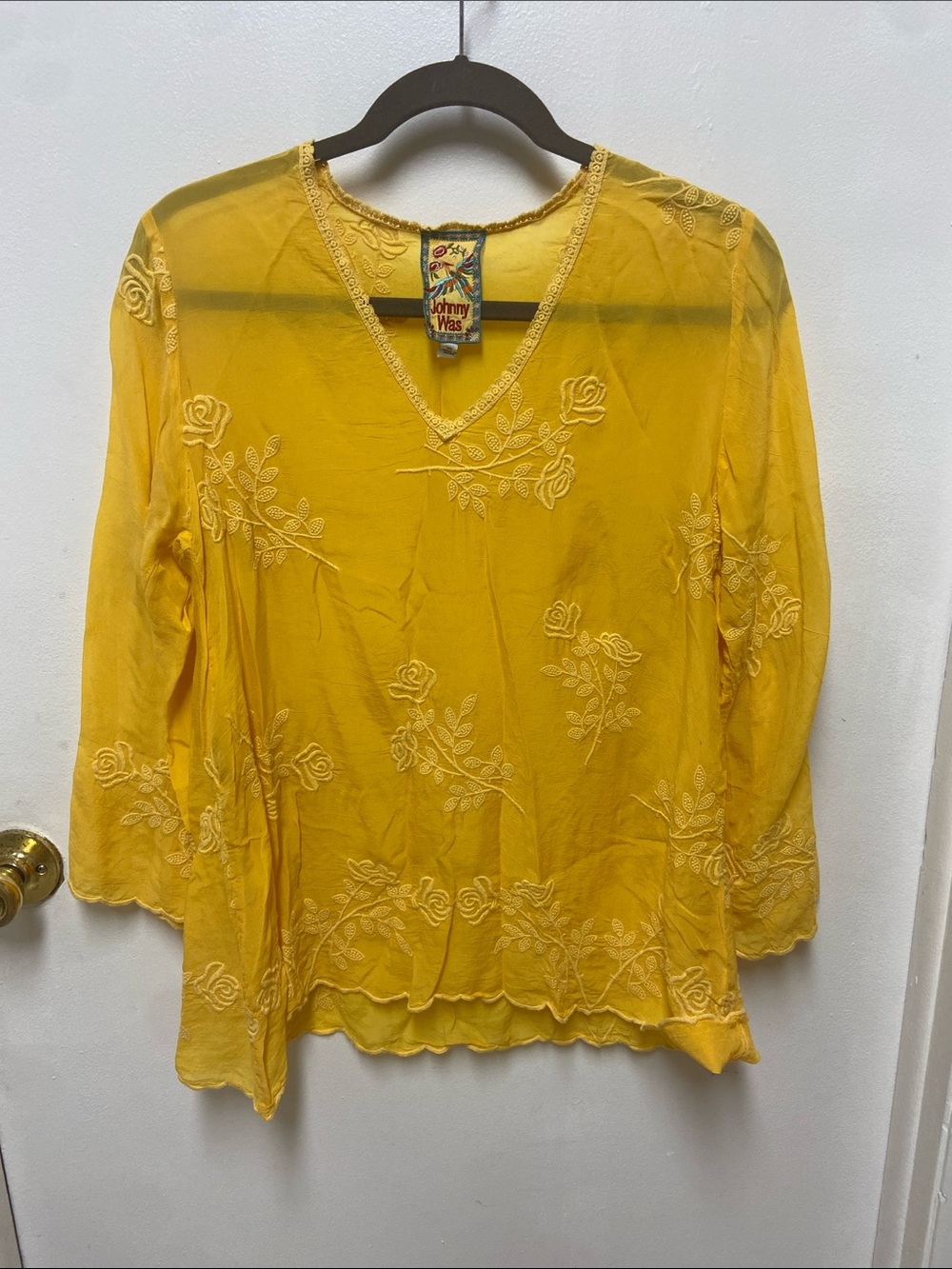 Johnny Was Yellow Embroidered V-Neck Tunic Top